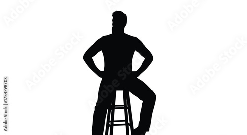Silhouette of a confident man sitting on a high stool with his hands on his hips, isolated on a clean white background
