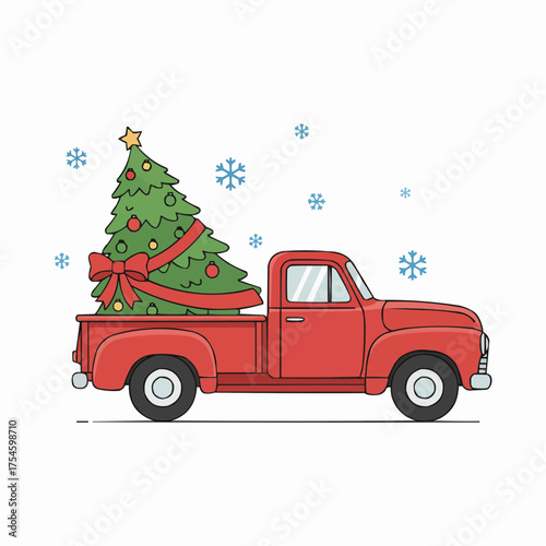 Vintage red truck hauling decorated christmas tree snowy season vector illustration scalable eps icon