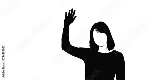 Minimalist black and white graphic illustration featuring a silhouette of a person waving their hand, conveying a friendly greeting or attracting attention, isolated on a clean white background
