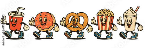Retro fast food character mascots, vintage cartoon soda, donut, popcorn and milkshake illustration set