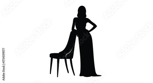Elegant Silhouette Woman in Gown Leaning on Chair