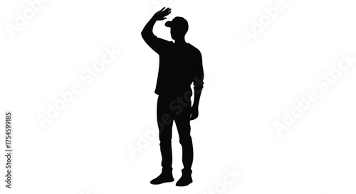 Striking full-length black silhouette of a person wearing a cap, standing with one hand raised to shade their eyes, intently gazing forward into the distance, symbolizing anticipation and vision