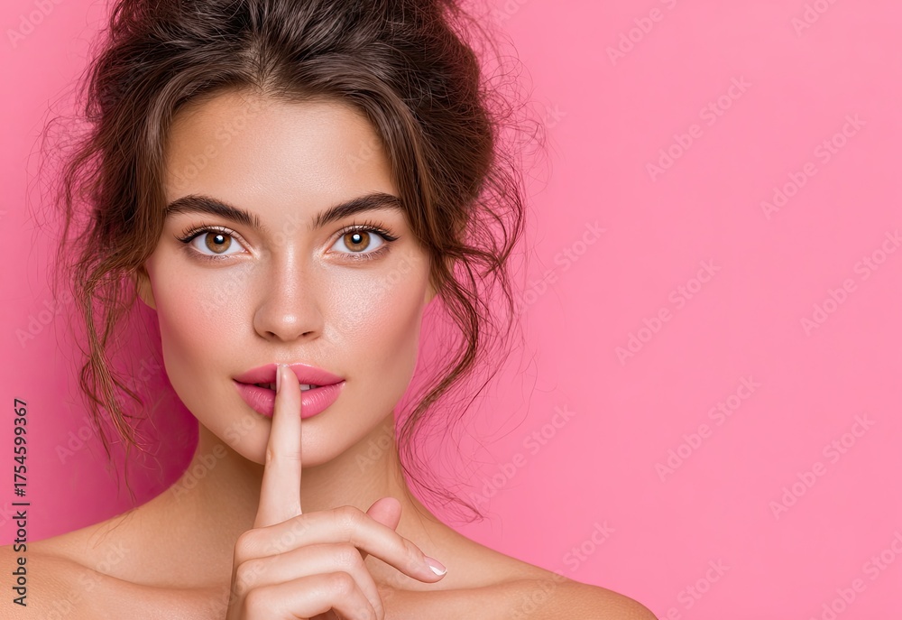 Fototapeta premium beautiful woman with finger on lips making a shushing quiet gesture, pink background