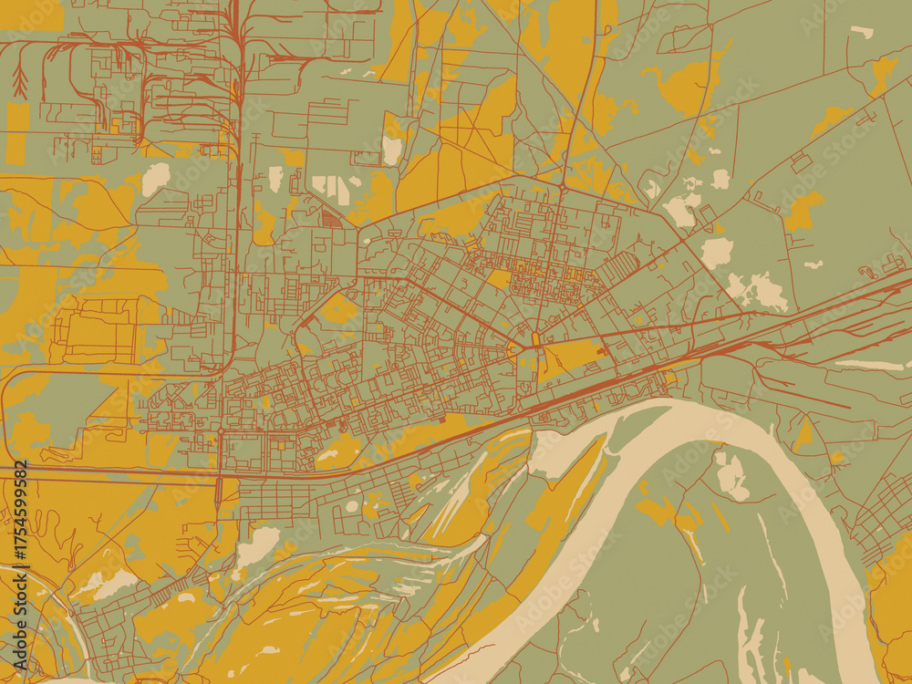 Obraz premium Abstract flat-design map of Dzerzhinsk, Russian Federation, featuring olive backdrop with warm rust street network and ochre blocks.