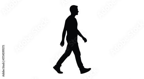 Black vector silhouette of a casual young man walking forward from a side profile view, isolated on a white background