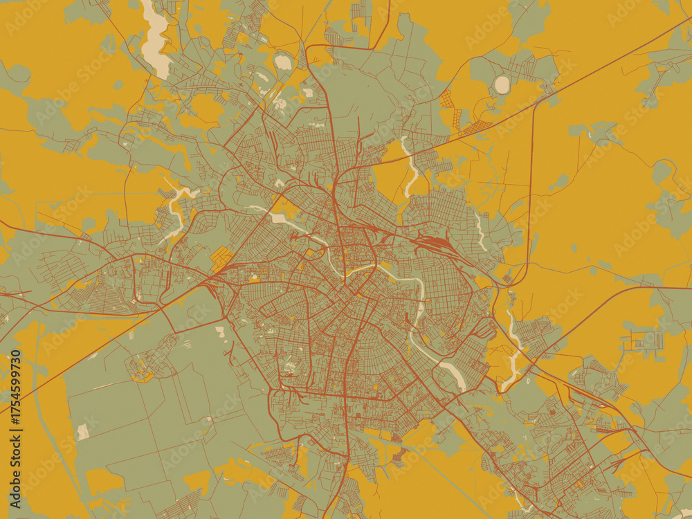 Fototapeta premium Stylized minimalist map of Ivanovo, Russian Federation in sage green ground with rust-red roads and ochre accents.