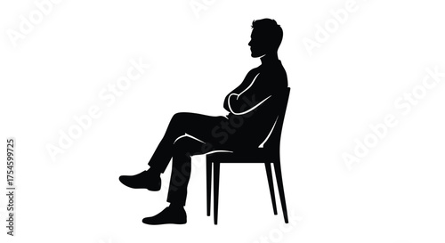 Minimalist black silhouette of a man sitting on a chair with arms crossed, embodying a concept of waiting or contemplation