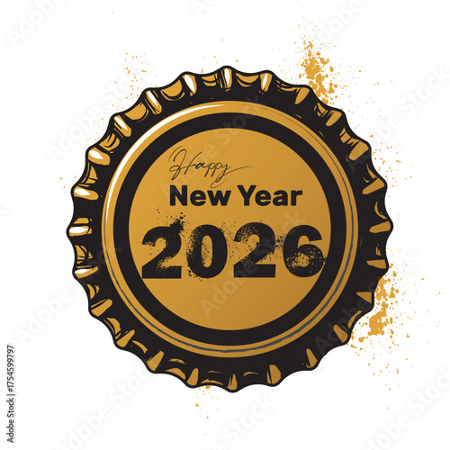 Beer cap, vector design, year number inscription, 2026, Happy New Year, decor. Drink party, alcohol, dark beer, craft, premium, New Year's festival, numbers, bar poster, T-shirt print