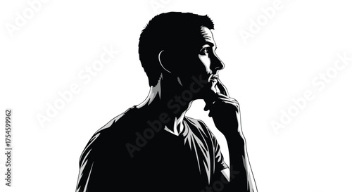 Vector silhouette of a contemplative man with hand on chin, representing deep thought, introspection, and strategic planning