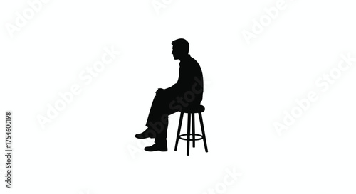 A simple black silhouette of a person sitting alone on a stool, isolated on a white background, symbolizing contemplation or patience
