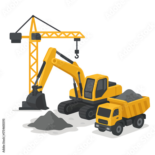 Flat vector illustration of a bustling construction site. Features an industrial crane, powerful excavator, and dump truck, actively engaged in building and urban development projects
