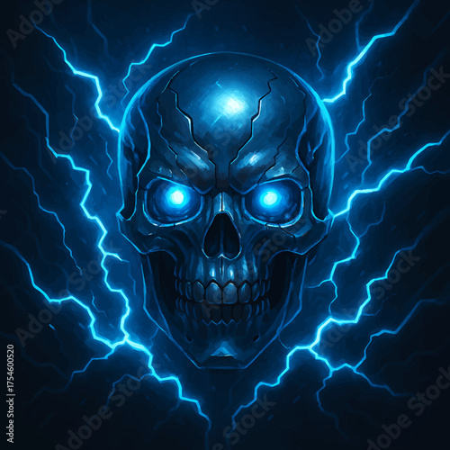 A menacing skull with glowing blue eyes, crackling with intense electrical energy and surrounded by bolts of lightning