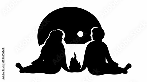 Silhouette of couple sitting by campfire under moonlit sky in monochrome illustration style design