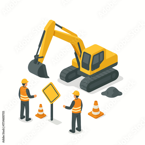 Construction workers and excavator on site with safety cones and signage, representing a building or infrastructure project in progress