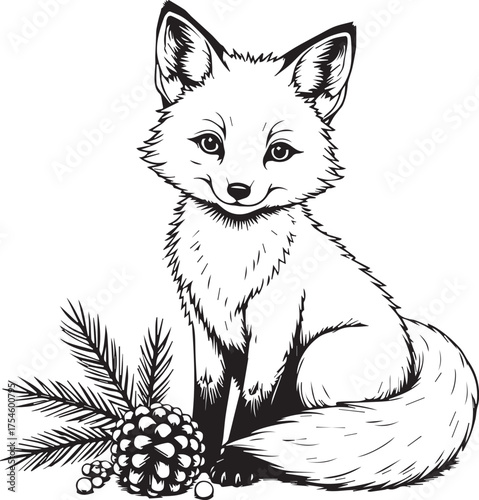 A charming fox sketch, with intricate detail and delicate lines, rests among the stylized leaves and a pinecone. Emphasizing a sense of innocent curiosity and joy.