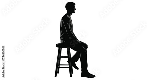 Silhouette of a young man sitting on a stool, looking to the right, isolated on a white background