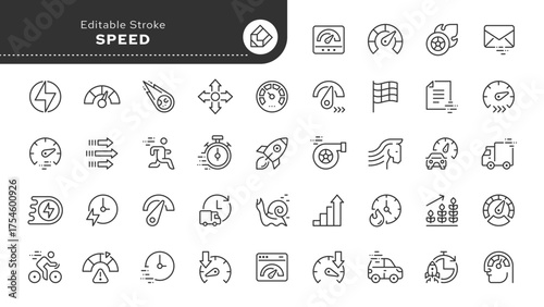 Speed line icon set. Movement, fast, slow, turbo, speedometer, indicator, speeding, gauge, express, rapid and more. Outline icon in linear style. Vector collection.	