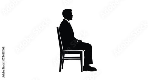 Black and white icon of a man seated in a formal posture, symbolizing a business professional waiting or in a moment of quiet contemplation