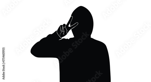 Dynamic black silhouette of a person in a hoodie making a peace gesture, reflecting themes of anonymity, personal expression, and modern youth identity against a clean white backdrop