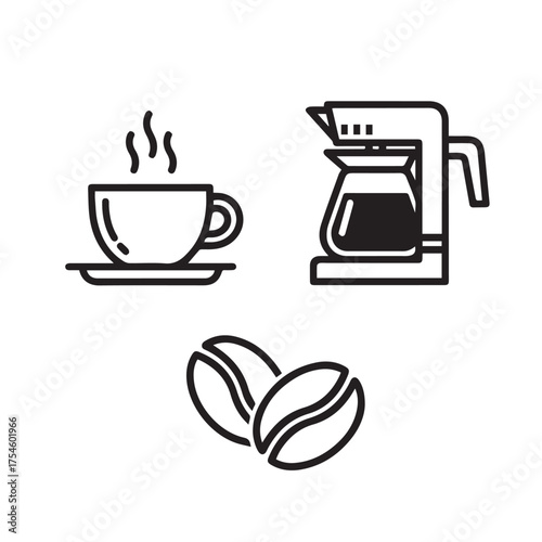 Clean line art icons representing hot coffee cup coffee maker and roasted coffee beans