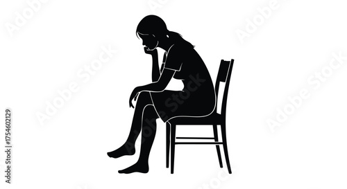 A solitary woman's silhouette captured in a moment of deep thought and melancholy while seated on a chair, symbolizing introspection and sadness
