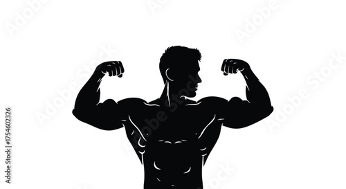 Powerful silhouette of a male bodybuilder flexing his biceps, symbolizing strength, fitness, and physical power