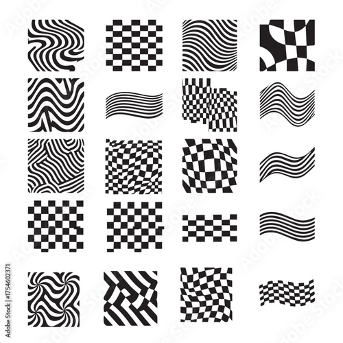 Abstract black and white wavy and distorted checkerboard patterns for graphic design
