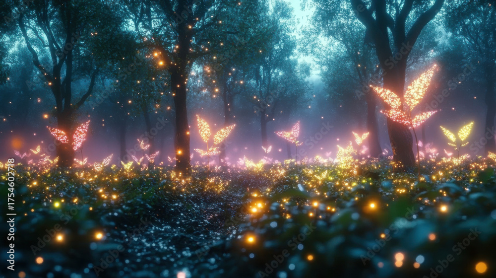 Naklejka premium Holographic trees are vividly growing in a virtual forest