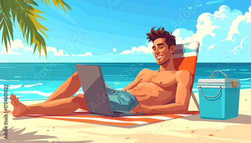 Happy digital nomad works on laptop from a tropical beach, enjoying freedom to 'work from anywhere' and embrace a remote, balanced lifestyle