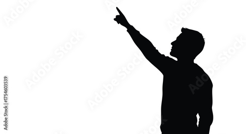 Silhouette of a person with arm raised and finger pointing upwards, against a white background