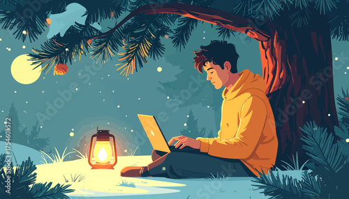 Young man in warm hoodie working on his laptop under a pine tree with a lantern, embracing the freedom of work from anywhere lifestyle