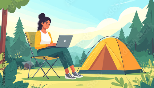 Embrace the ultimate 'work from anywhere' lifestyle. A woman works productively on her laptop at a serene campsite, illustrating remote work freedom blended with nature