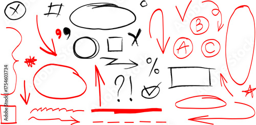 Red Hand Drawn Doodle Circles, Arrows, and Marker Highlights Vector Set — Editable Sketch Outline Elements for Infographics, Presentations, and Creative Notes — Professional Red Ink Marker Scribbles 