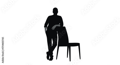 Silhouette of a person casually leaning on a modern chair, isolated on a white background, conveying relaxation and contemporary style