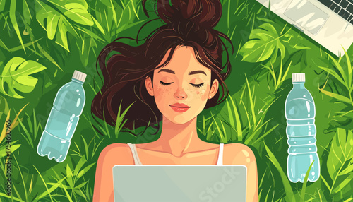 An illustration of a serene woman resting with her laptop on a vibrant green grass and leaf pattern background