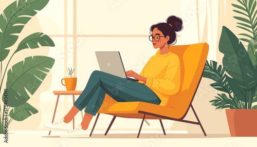Work From Anywhere Stylish Woman Working Remotely With Plants