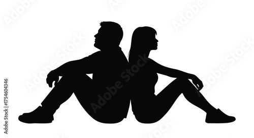 Silhouette illustration of a young couple sitting back to back, representing conflict, disagreement, and relationship problems after a fight
