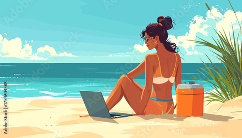 Woman enjoying a tropical beach while working remotely with her laptop, embracing the 'work from anywhere' lifestyle with a cooler nearby