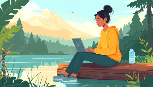 Work from Anywhere Woman Enjoying Remote Work by a Lake Amidst Nature's Serenity