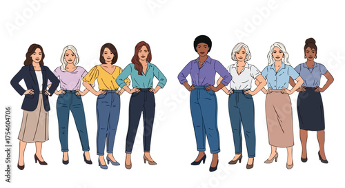Empowered women from various backgrounds standing confidently, symbolizing unity, strength, and diversity in the modern workplace or community