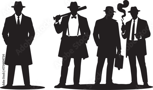 Four men in fedoras and trench coats silhouette group