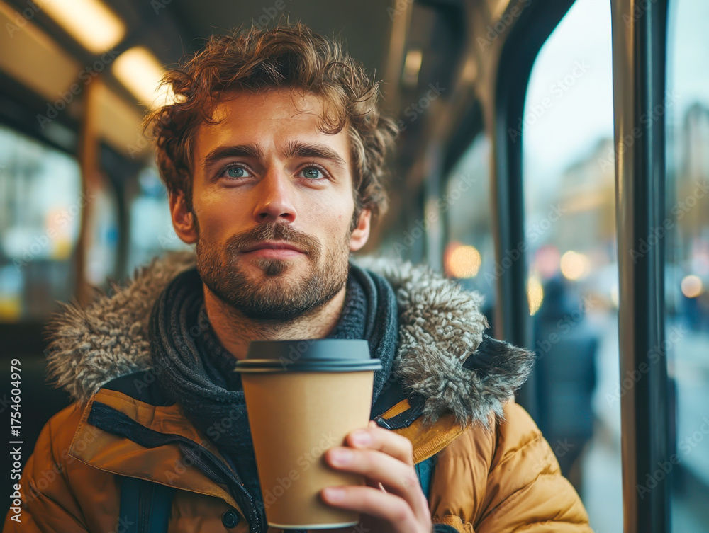 © rattana - portrait of young hipster male sitting in retro cafe bus with cup of hot coffee and looking at window