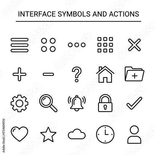 Collection of black line icons for interface symbols and actions in grid layout