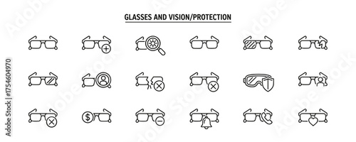 Set of monochromatic glasses icons for vision and protection