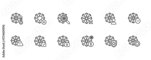 Set of minimalistic snowflake icons integrated with various symbols in black and white