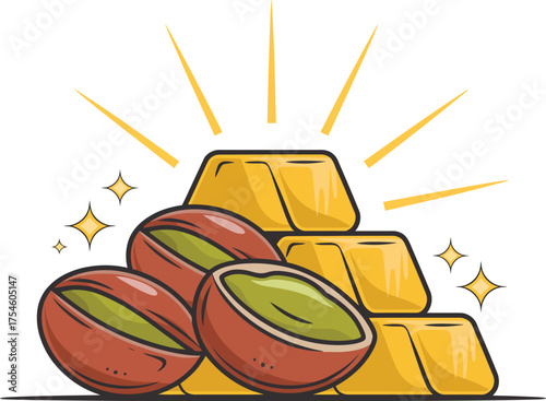 Gold bars and pistachios illustration for investment and healthy food concept