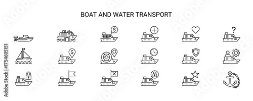 Collection of minimalistic black and white line icons for boat and water transport