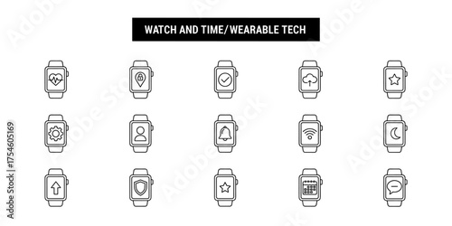 Set of minimalist line icons for wearable technology and smartwatch functions