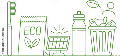 Eco friendly products sustainable living zero waste lifestyle line art design
