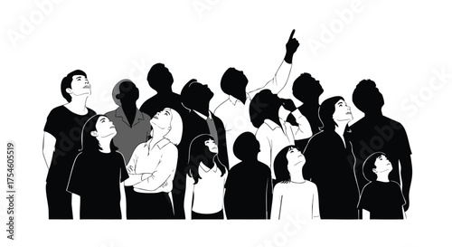 A group of diverse individuals looking skyward, one pointing, representing collective aspiration, a shared future vision, and hopeful guidance towards new horizons